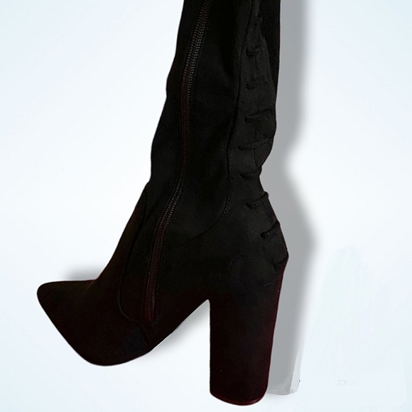 NIB! Evanna Black Suede Over the Knee Chunky Heel Boots, Sz 9½ - Picture 5 of 6